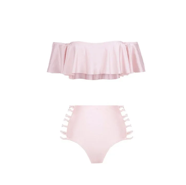 High waist one shoulder split bikini swimsuit in solid colour with braided strap and removable pads