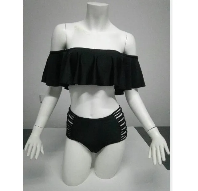 High waist one shoulder split bikini swimsuit in solid colour with braided strap and removable pads