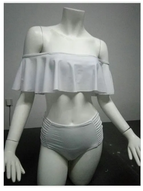 High waist one shoulder split bikini swimsuit in solid colour with braided strap and removable pads