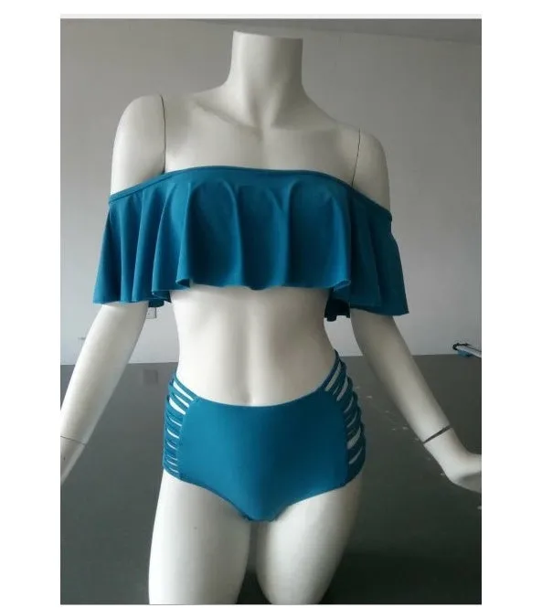 High waist one shoulder split bikini swimsuit in solid colour with braided strap and removable pads