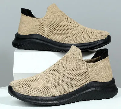 Women's woven mesh low-top casual sneakers in khaki with flat heel and round toe