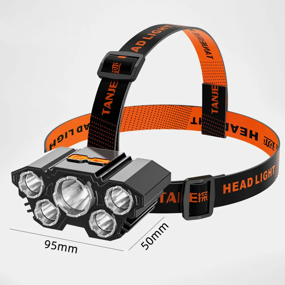 T21 USB rechargeable headlight with 5 LED beads, 4500 lumens, black ABS body, adjustable head angle