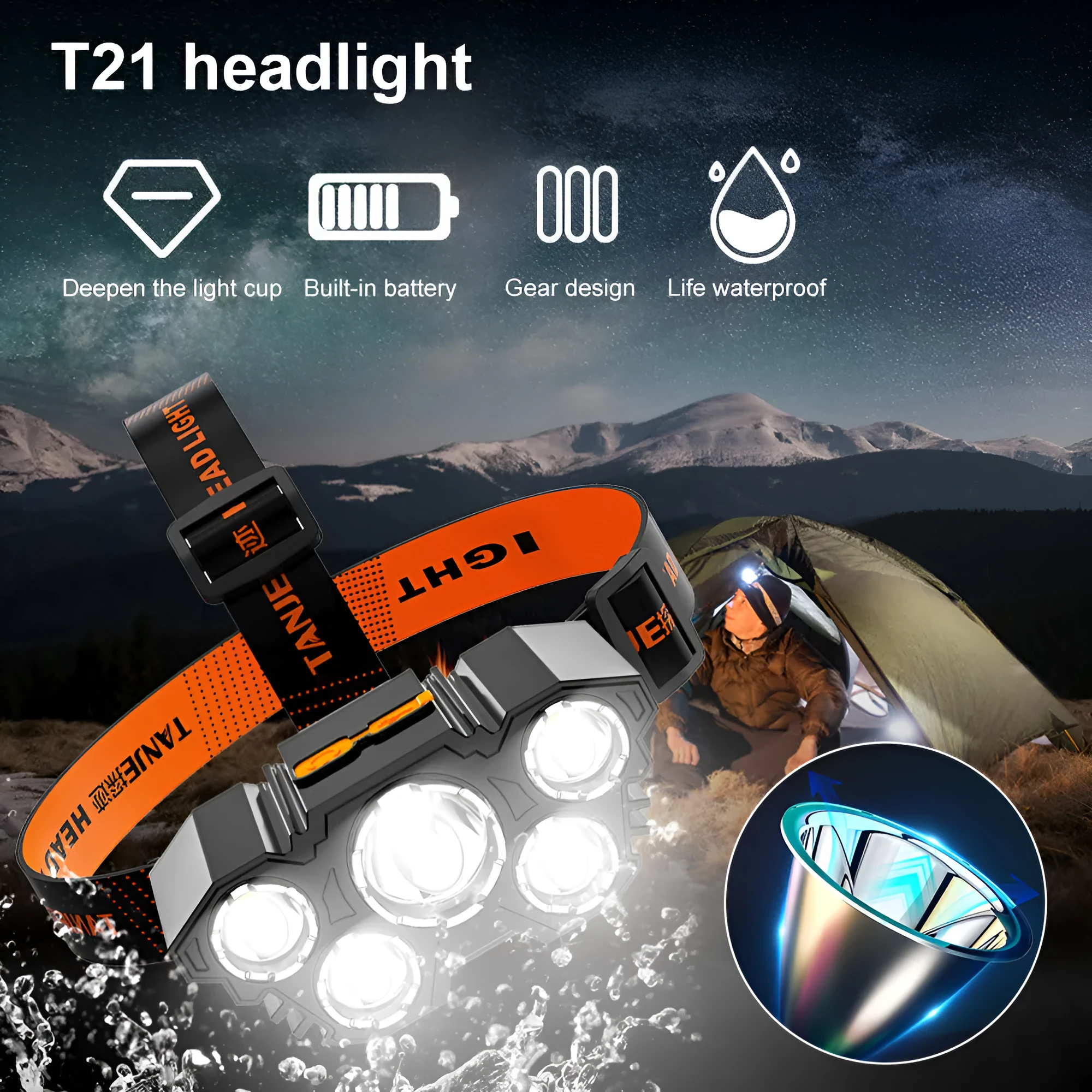 T21 USB rechargeable headlight with 5 LED beads, 4500 lumens, black ABS body, adjustable head angle