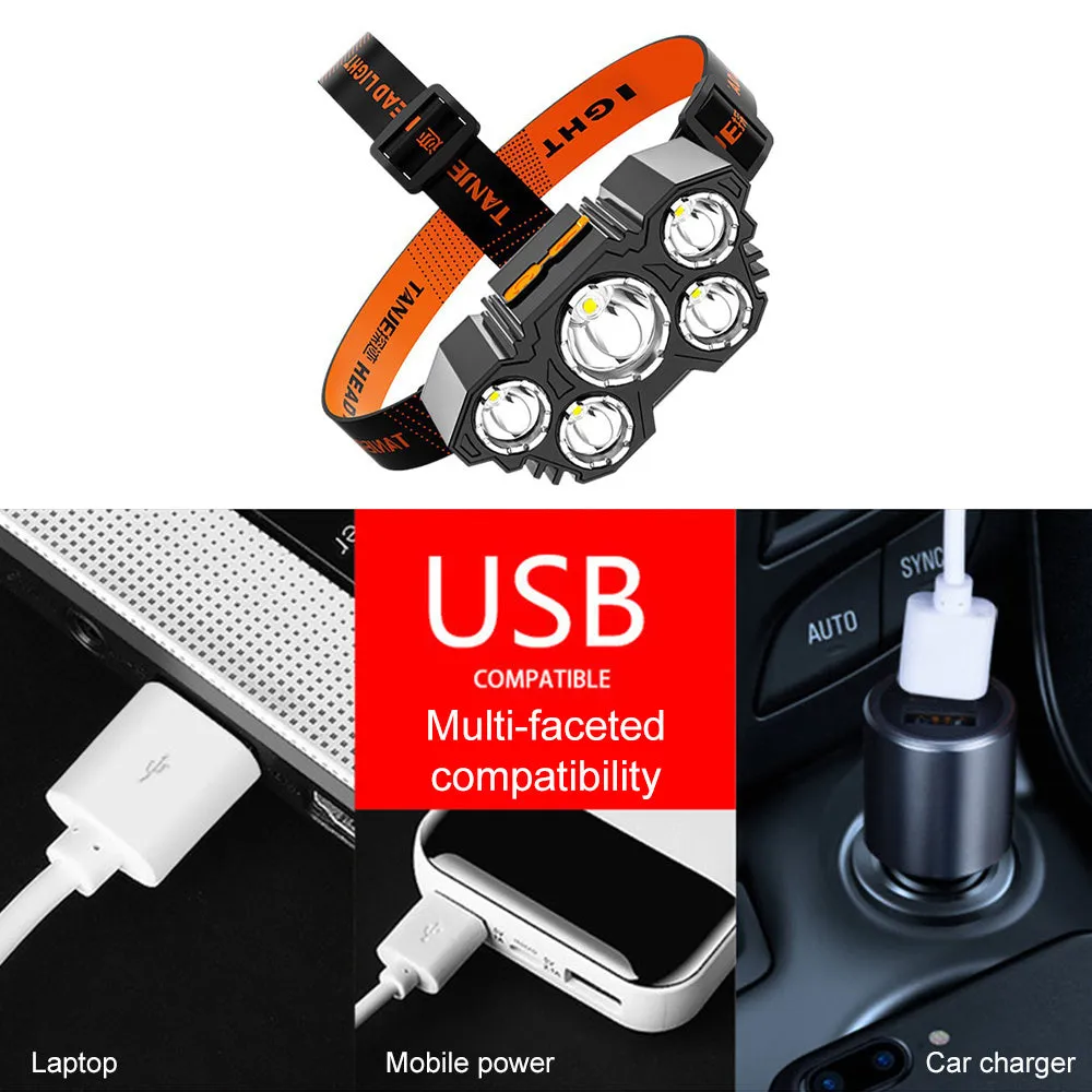 T21 USB rechargeable headlight with 5 LED beads, 4500 lumens, black ABS body, adjustable head angle