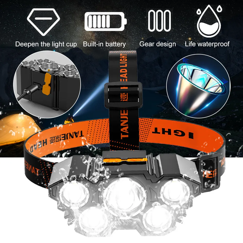 T21 USB rechargeable headlight with 5 LED beads, 4500 lumens, black ABS body, adjustable head angle