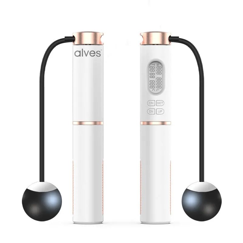 White smart counting jump rope with LCD night vision screen and dual-use cordless ball and wire rope accessories