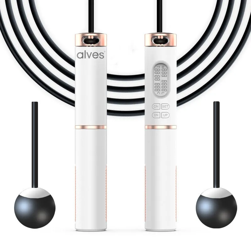 White smart counting jump rope with LCD night vision screen and dual-use cordless ball and wire rope accessories
