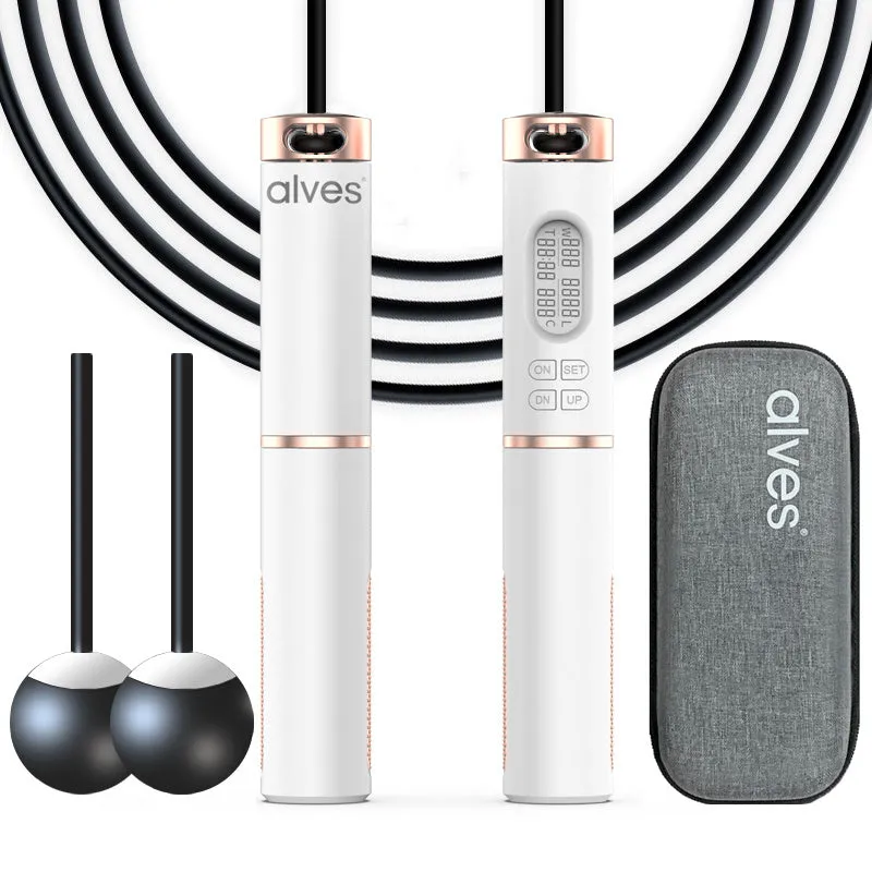 White smart counting jump rope with LCD night vision screen and dual-use cordless ball and wire rope accessories