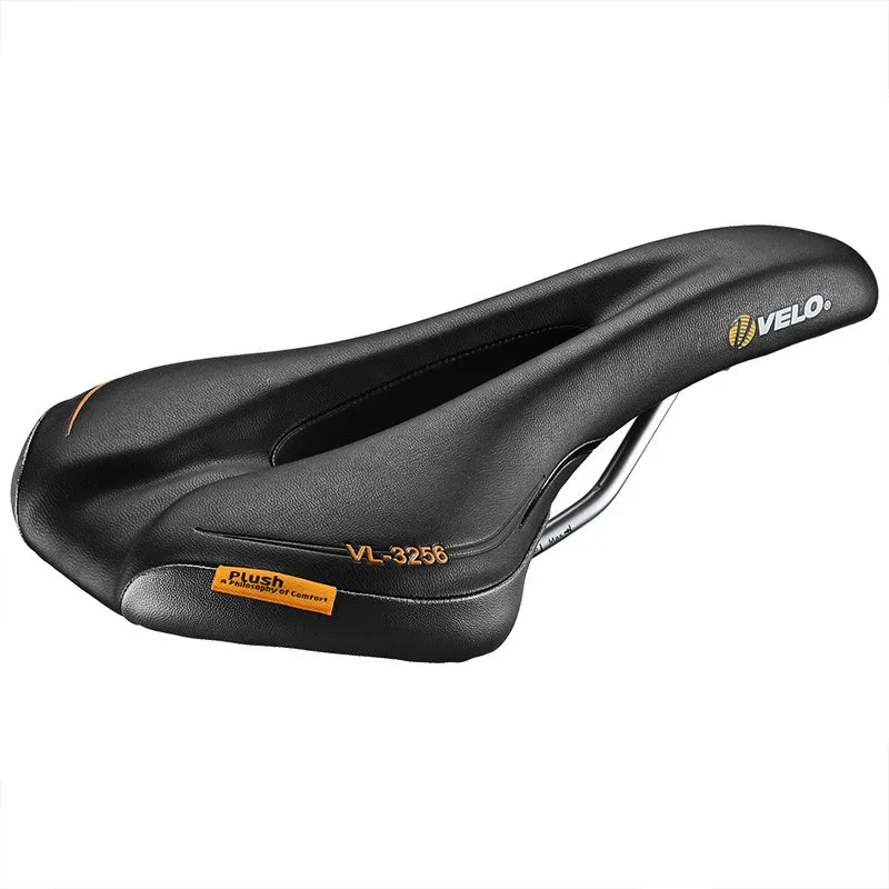 VELO black bicycle saddle with hollow ventilation grooves and 278x150mm dimensions on mountain bike