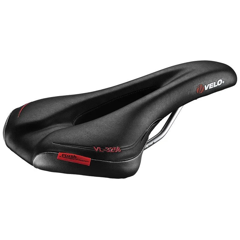 VELO black bicycle saddle with hollow ventilation grooves and 278x150mm dimensions on mountain bike