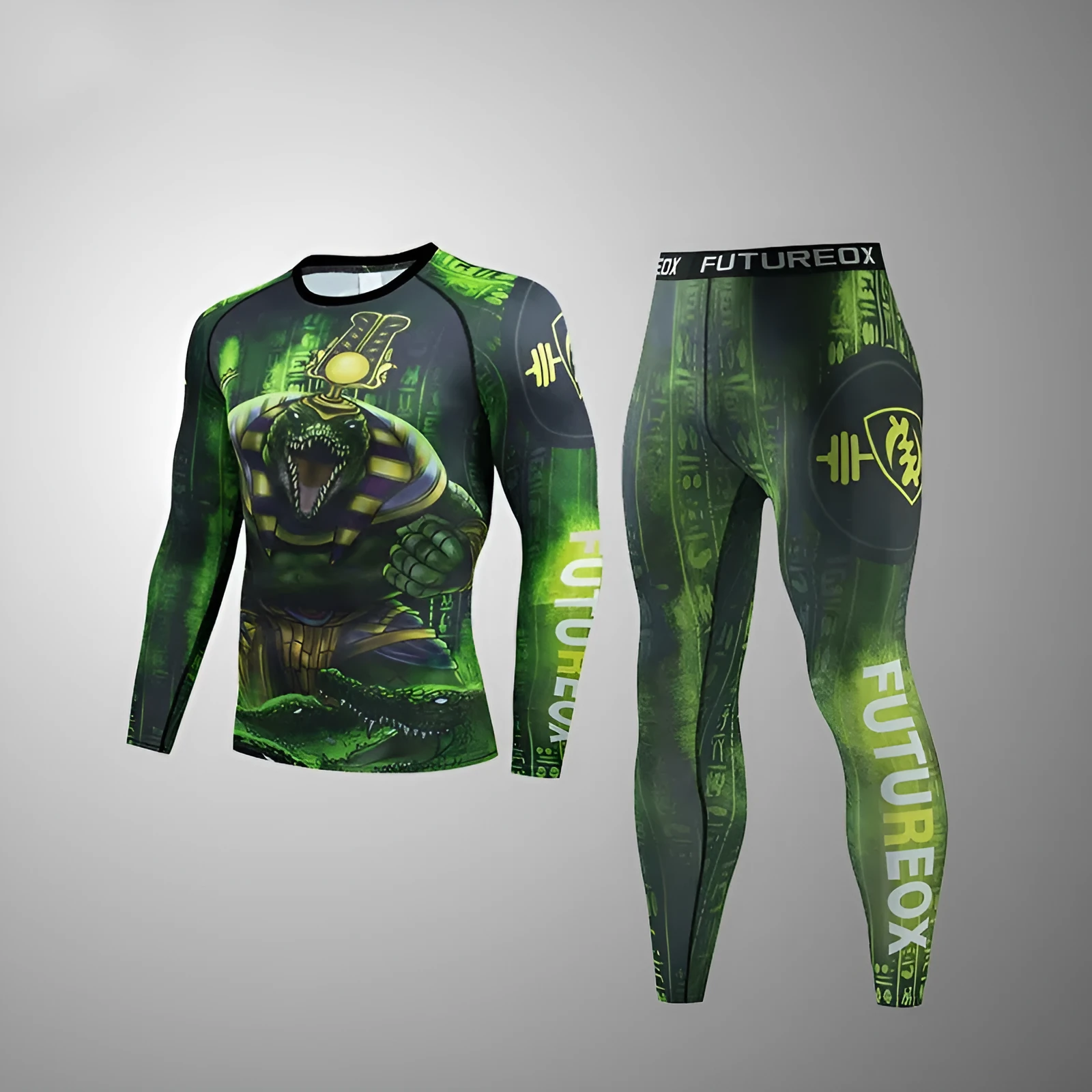 Men's stretch body-hugging sports suit top and trousers set for running and fitness.