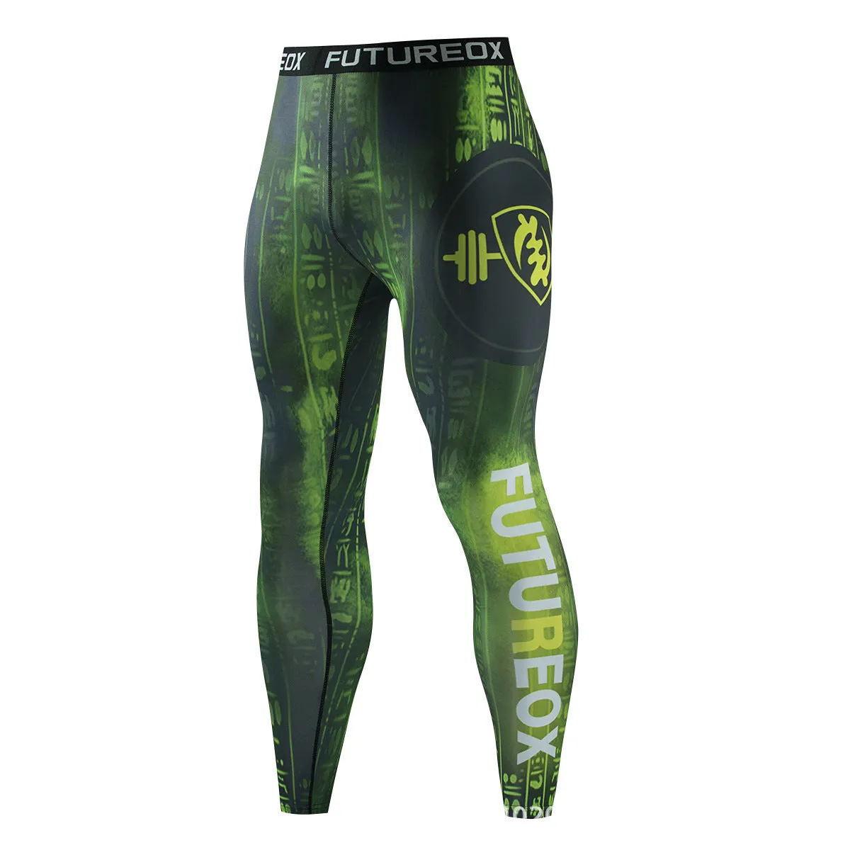 Men's stretch body-hugging sports suit top and trousers set for running and fitness.