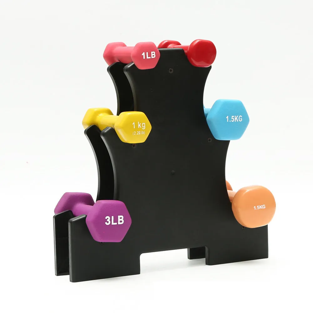 PVC fitness dumbbell rack holder stand for home gym storage with dumbbells placed on it.