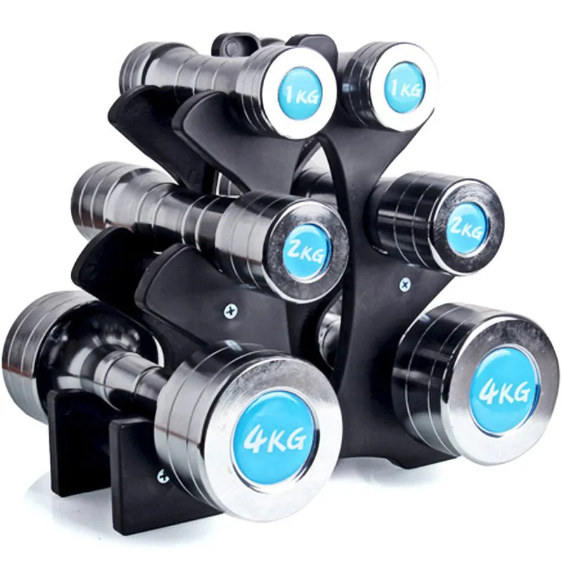 PVC fitness dumbbell rack holder stand for home gym storage with dumbbells placed on it.