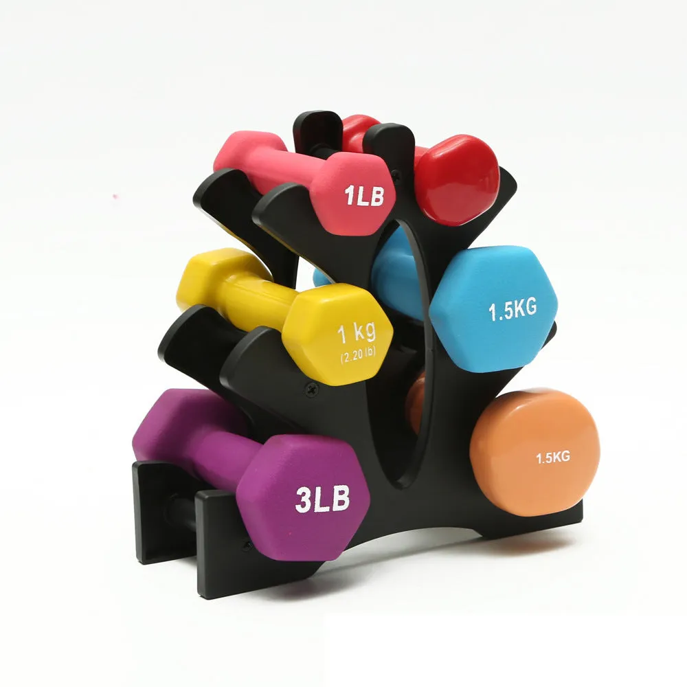 PVC fitness dumbbell rack holder stand for home gym storage with dumbbells placed on it.