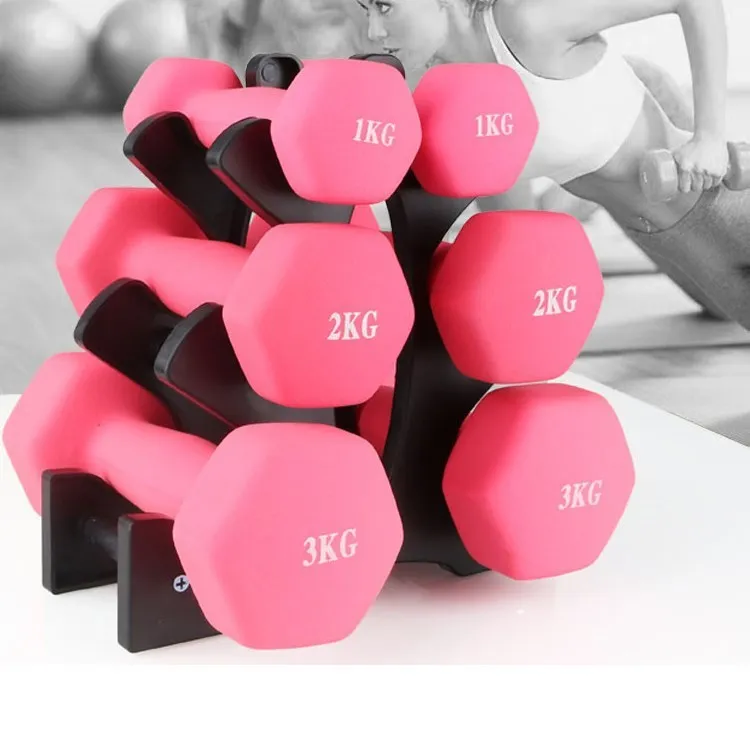 PVC fitness dumbbell rack holder stand for home gym storage with dumbbells placed on it.