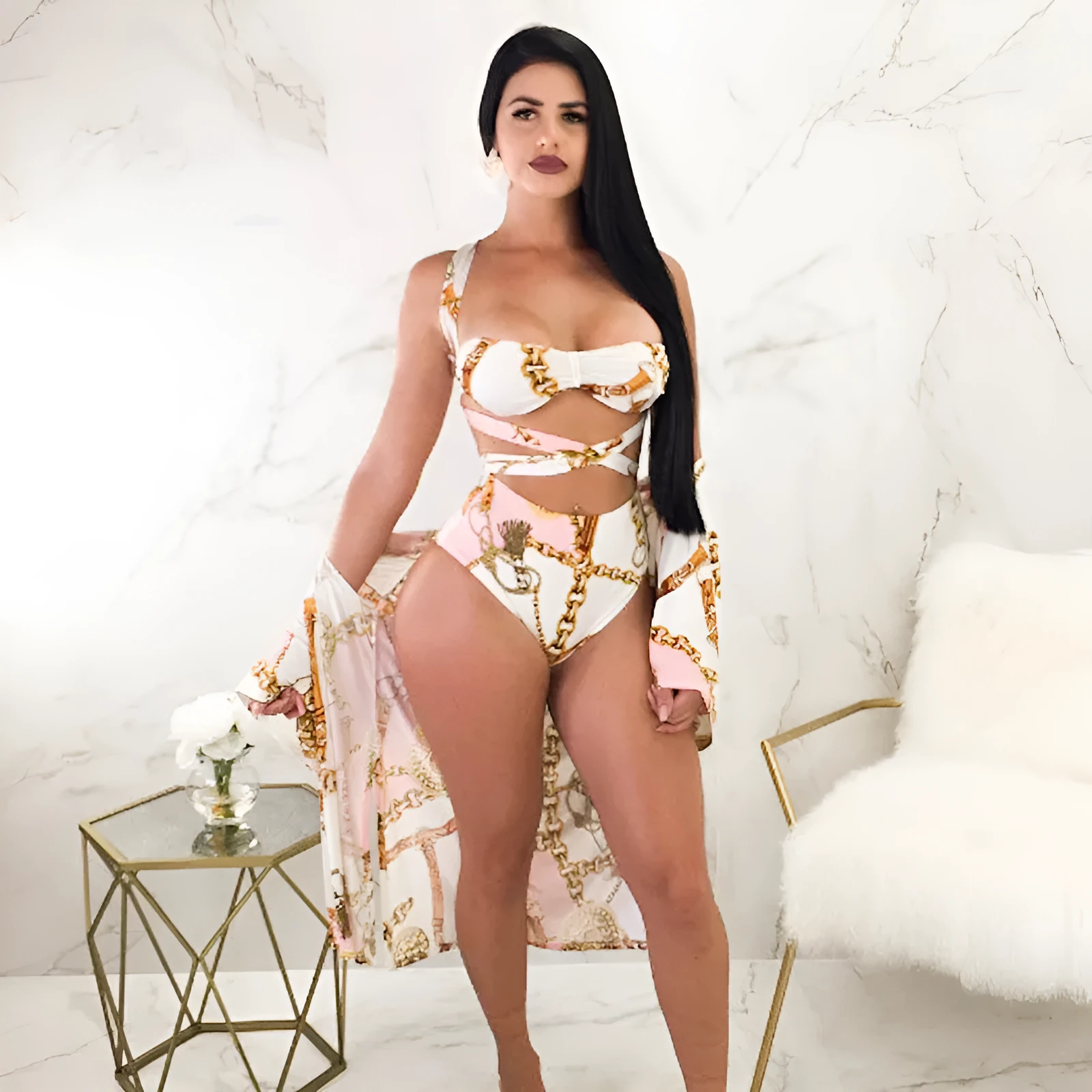 Split high waist bikini in white polyester with retro polka dot print and open back