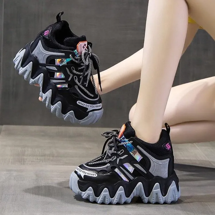 Women's inner height platform casual sports shoes with cross straps, artificial PU upper, grey colour option