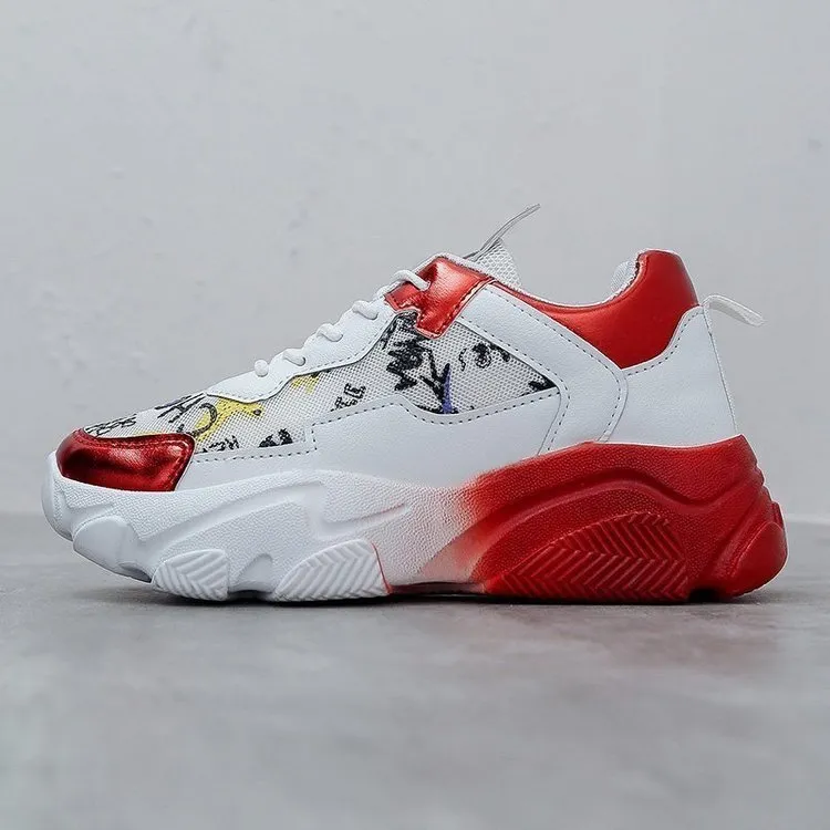 Breathable mesh light sole running shoes in red and silver, side view