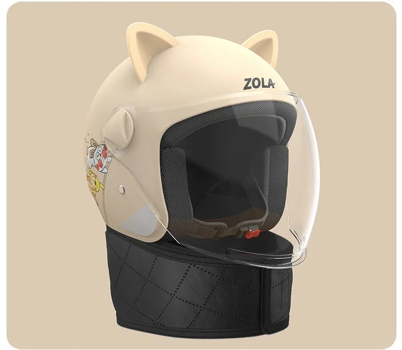 Blue winter electric bicycle helmet with attached fleece scarf and clear anti-fog visor on handlebars.