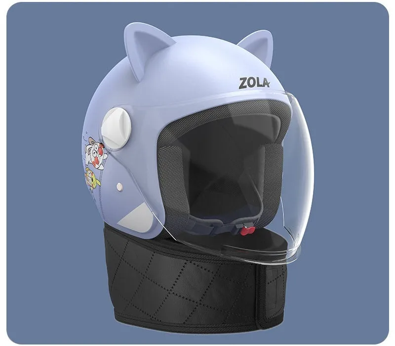 Blue winter electric bicycle helmet with attached fleece scarf and clear anti-fog visor on handlebars.