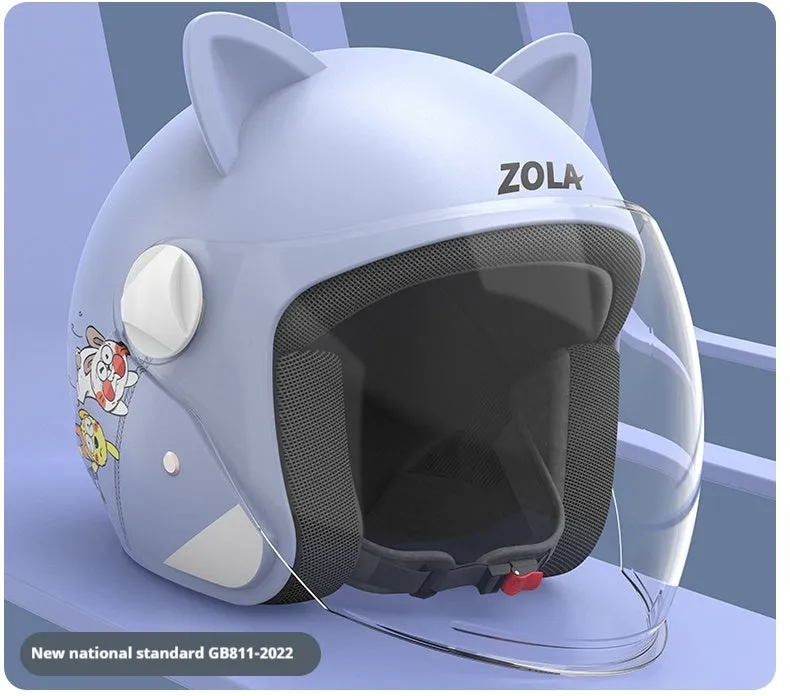 Blue winter electric bicycle helmet with attached fleece scarf and clear anti-fog visor on handlebars.