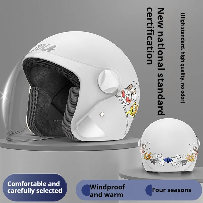 Blue winter electric bicycle helmet with attached fleece scarf and clear anti-fog visor on handlebars.