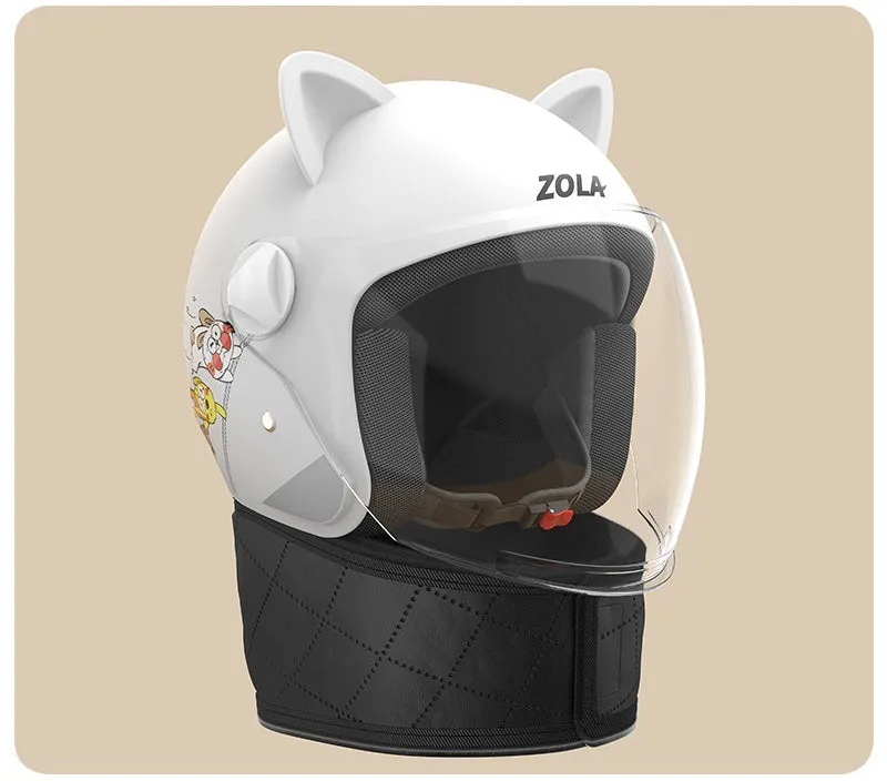 Blue winter electric bicycle helmet with attached fleece scarf and clear anti-fog visor on handlebars.