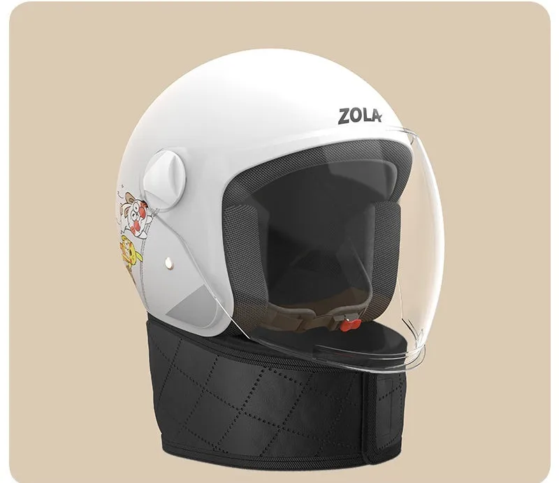 Blue winter electric bicycle helmet with attached fleece scarf and clear anti-fog visor on handlebars.