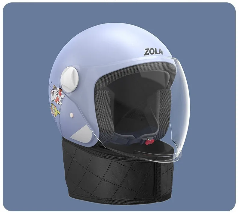 Blue winter electric bicycle helmet with attached fleece scarf and clear anti-fog visor on handlebars.