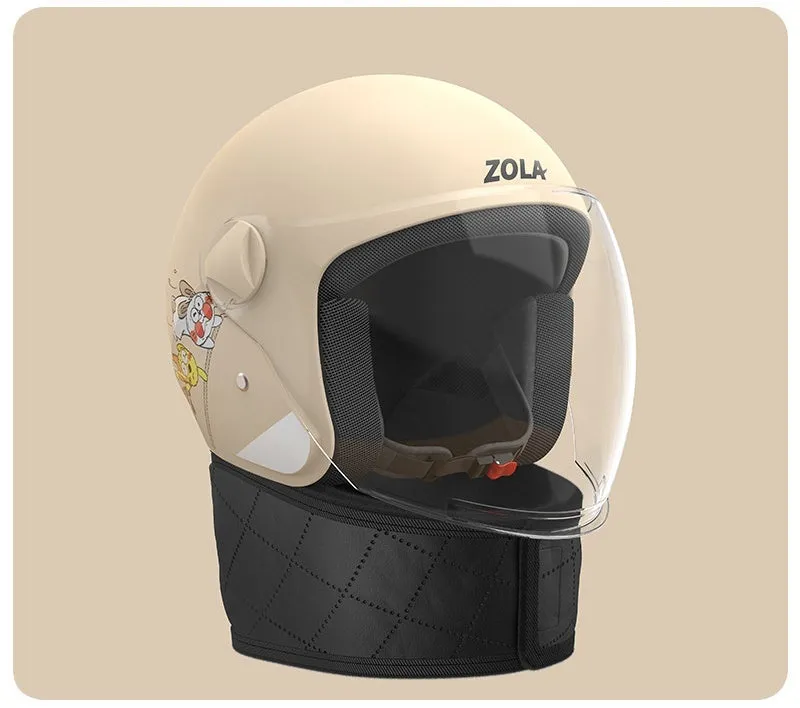 Blue winter electric bicycle helmet with attached fleece scarf and clear anti-fog visor on handlebars.