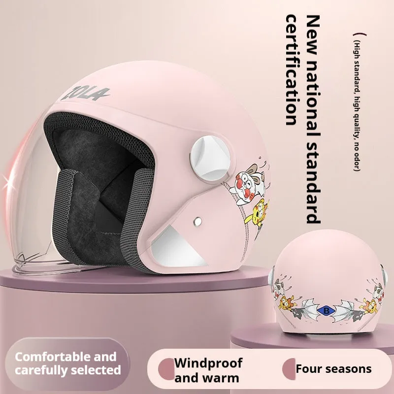 Blue winter electric bicycle helmet with attached fleece scarf and clear anti-fog visor on handlebars.