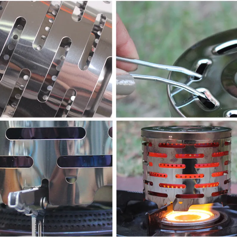 Stainless steel heating cover for camping stove, 120x147mm, with mesh bag on outdoor ground