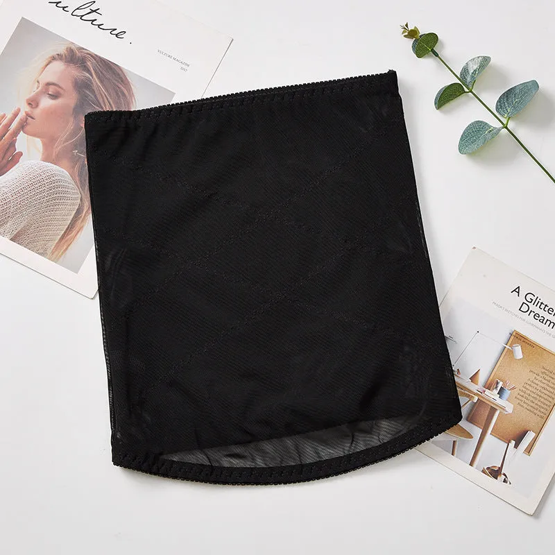 Black mesh postpartum belly band with cross waistband for waist trimming and tummy slimming
