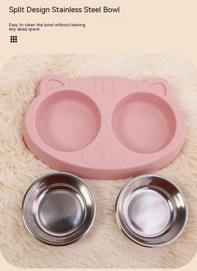 Stainless steel cat face bowl for feeding cats, available in blue, green, and pink