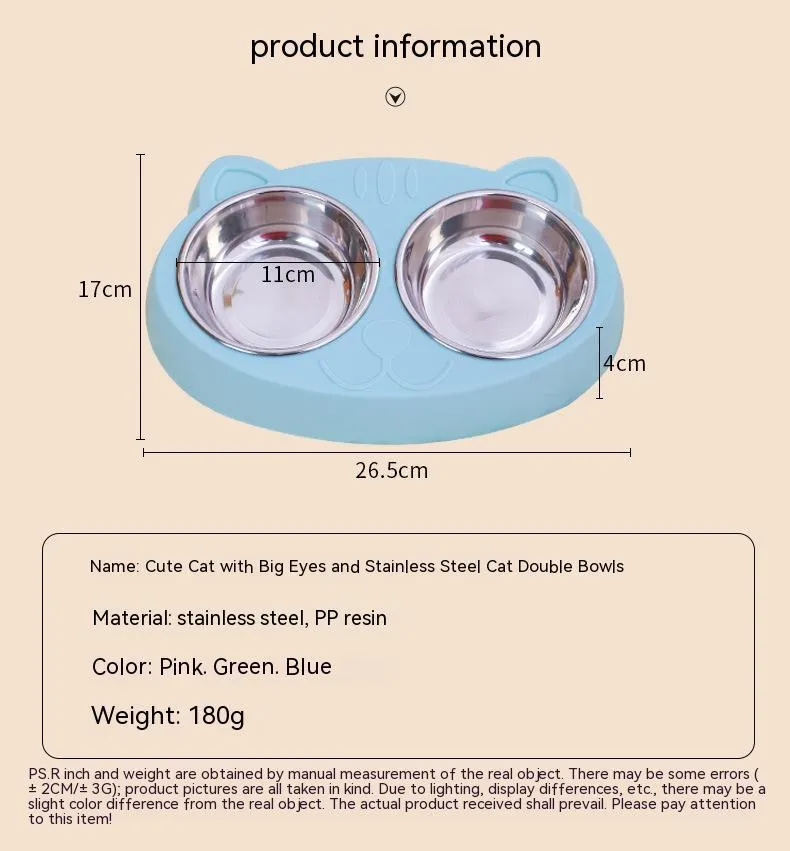 Stainless steel cat face bowl for feeding cats, available in blue, green, and pink