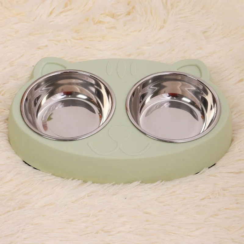 Stainless steel cat face bowl for feeding cats, available in blue, green, and pink