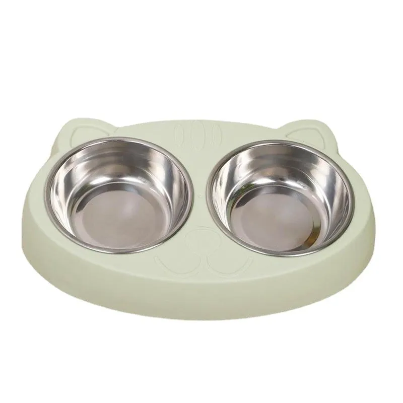 Stainless steel cat face bowl for feeding cats, available in blue, green, and pink