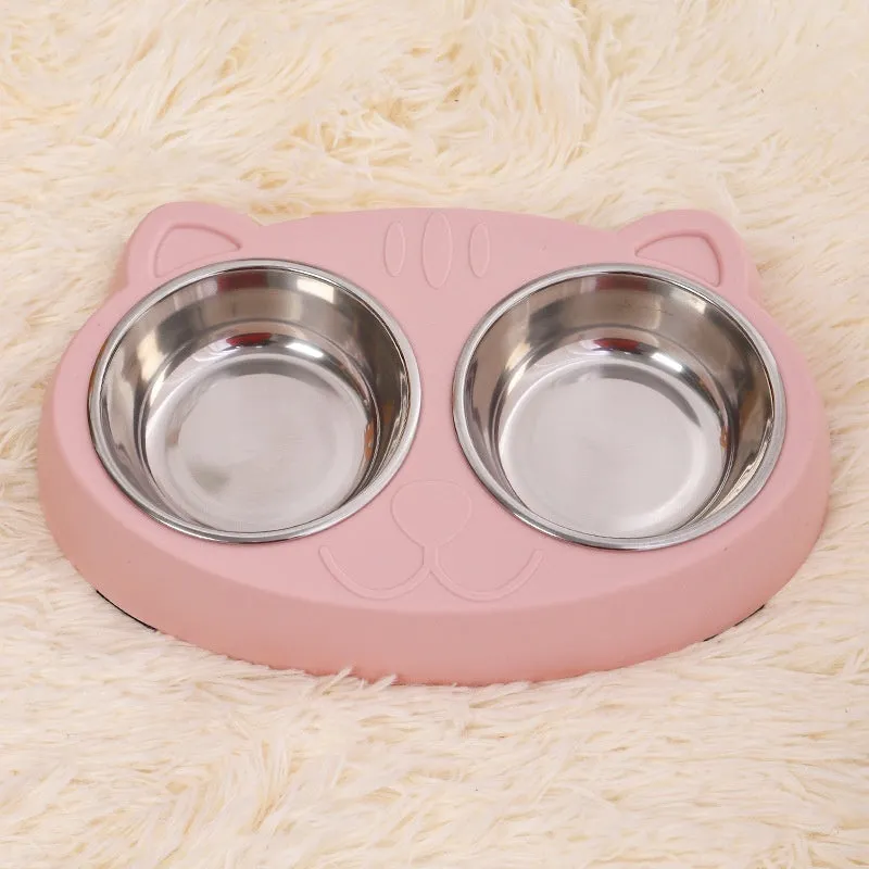Stainless steel cat face bowl for feeding cats, available in blue, green, and pink