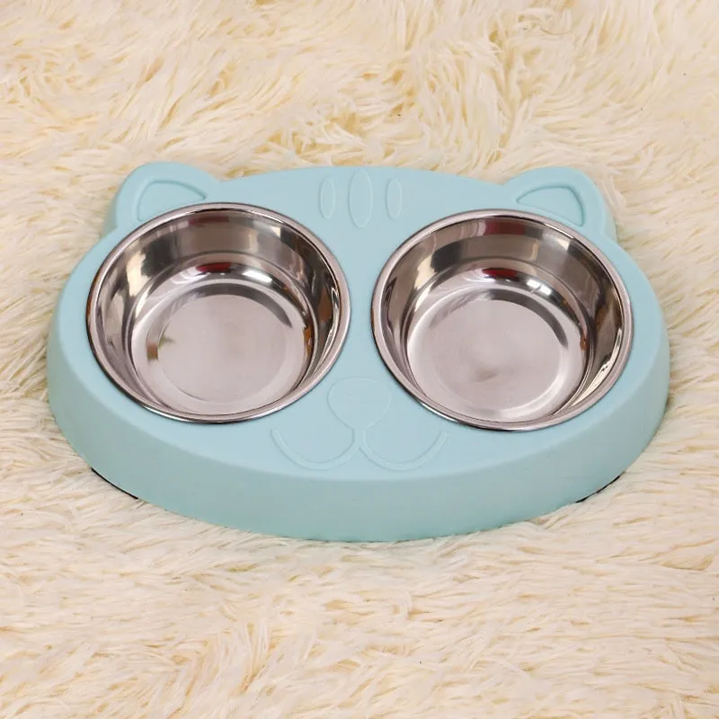 Stainless steel cat face bowl for feeding cats, available in blue, green, and pink