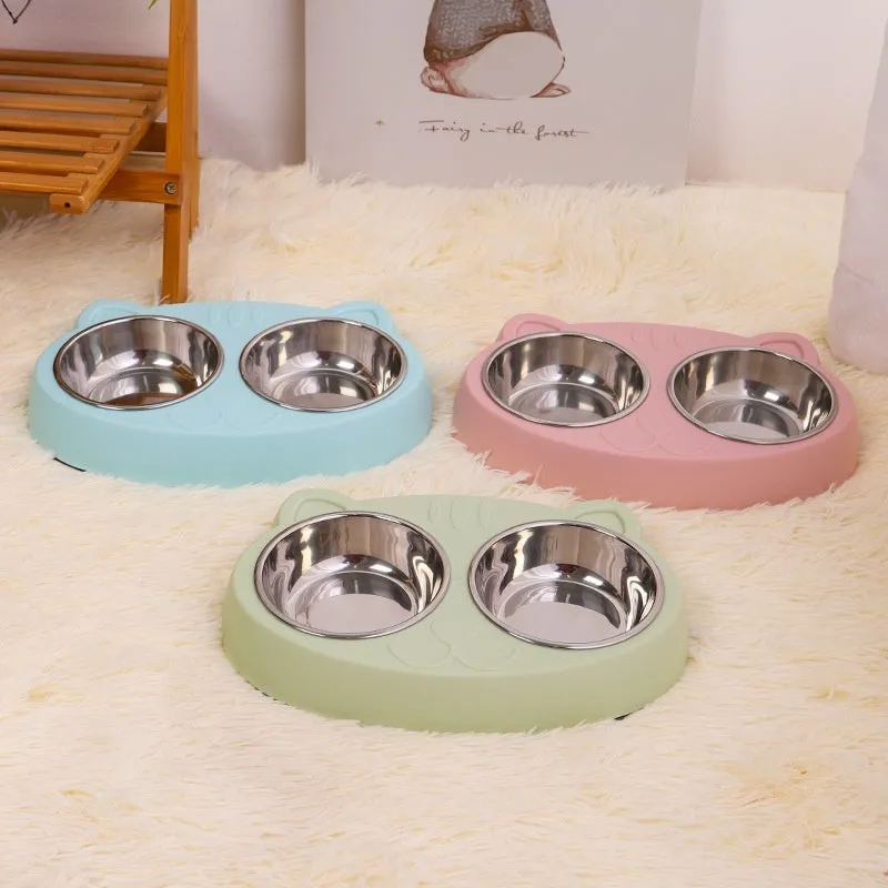 Stainless steel cat face bowl for feeding cats, available in blue, green, and pink