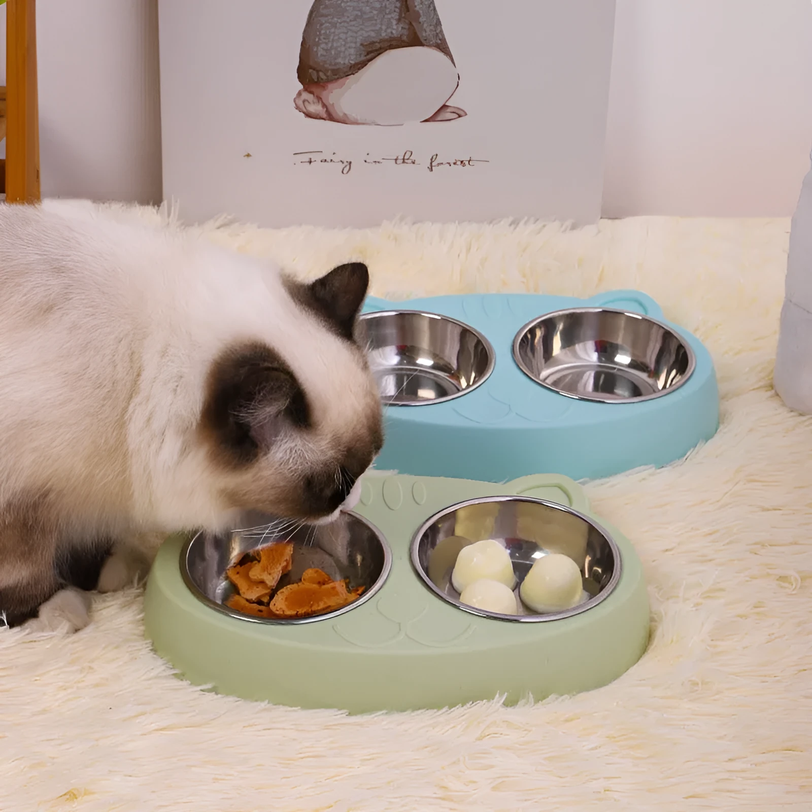 Stainless steel cat face bowl for feeding cats, available in blue, green, and pink