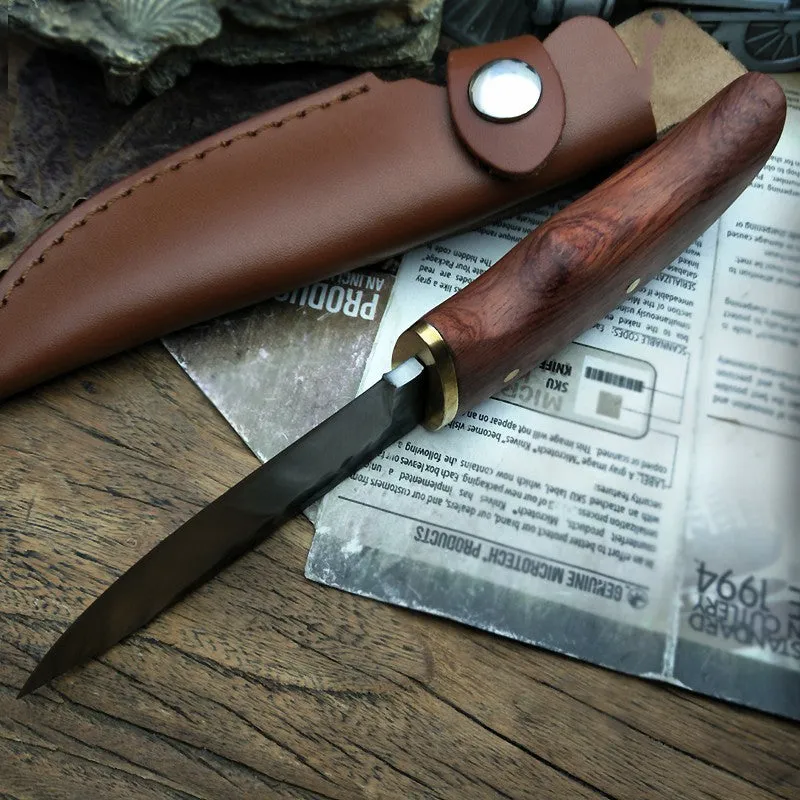 Brown outdoor survival knife with stainless steel 8cm blade and mahogany handle