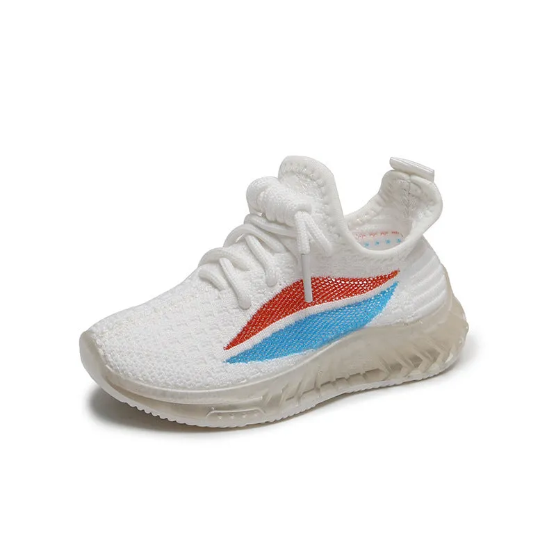 Children's white woven mesh sports shoes with rubber sole, side view on light background