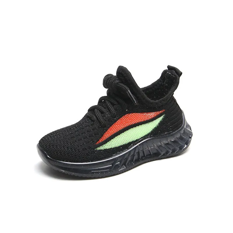Children's white woven mesh sports shoes with rubber sole, side view on light background