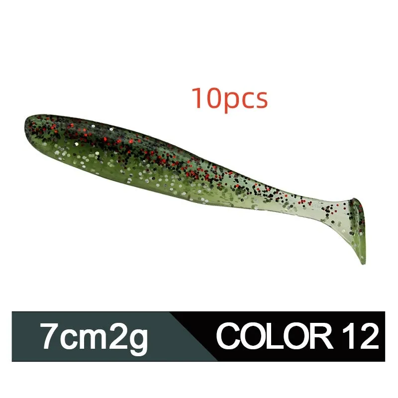 Two-tone soft plastic T-tail fishing lure measuring 7cm, shown in multiple colour variations.