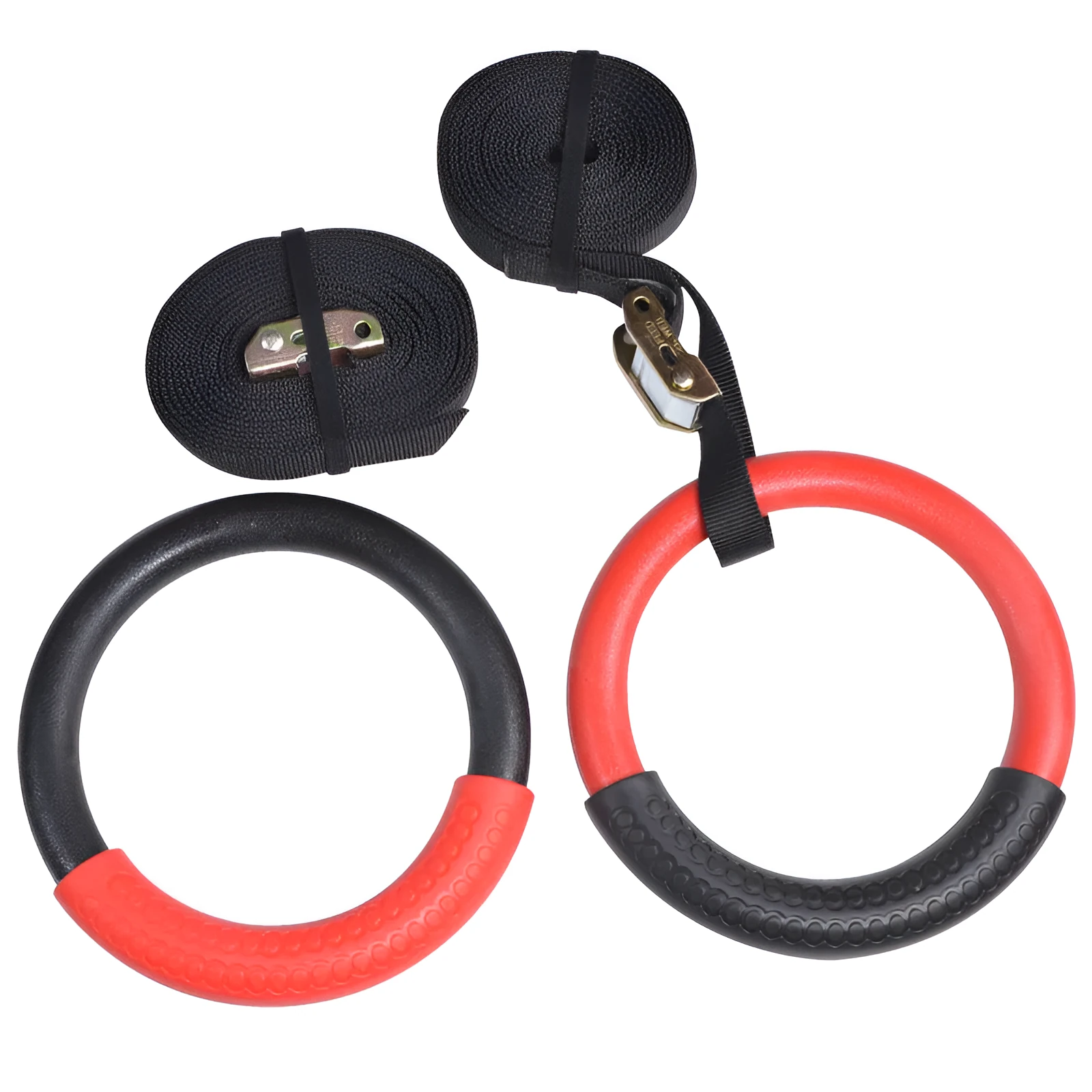 Red gymnastic rings with birch sling and rubber ring on a horizontal bar, outer diameter 24cm, 250kg load capacity