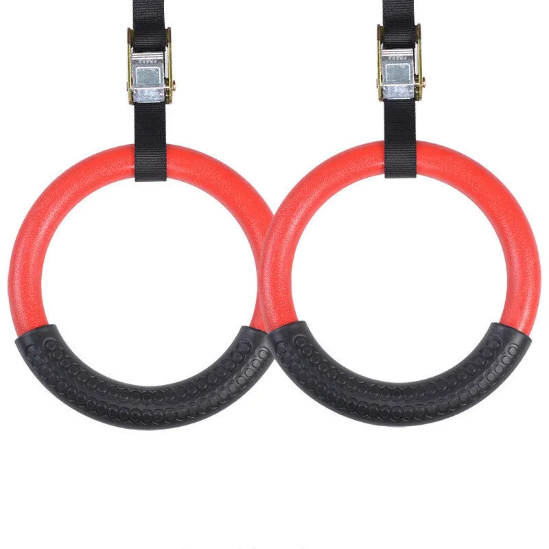 Red gymnastic rings with birch sling and rubber ring on a horizontal bar, outer diameter 24cm, 250kg load capacity