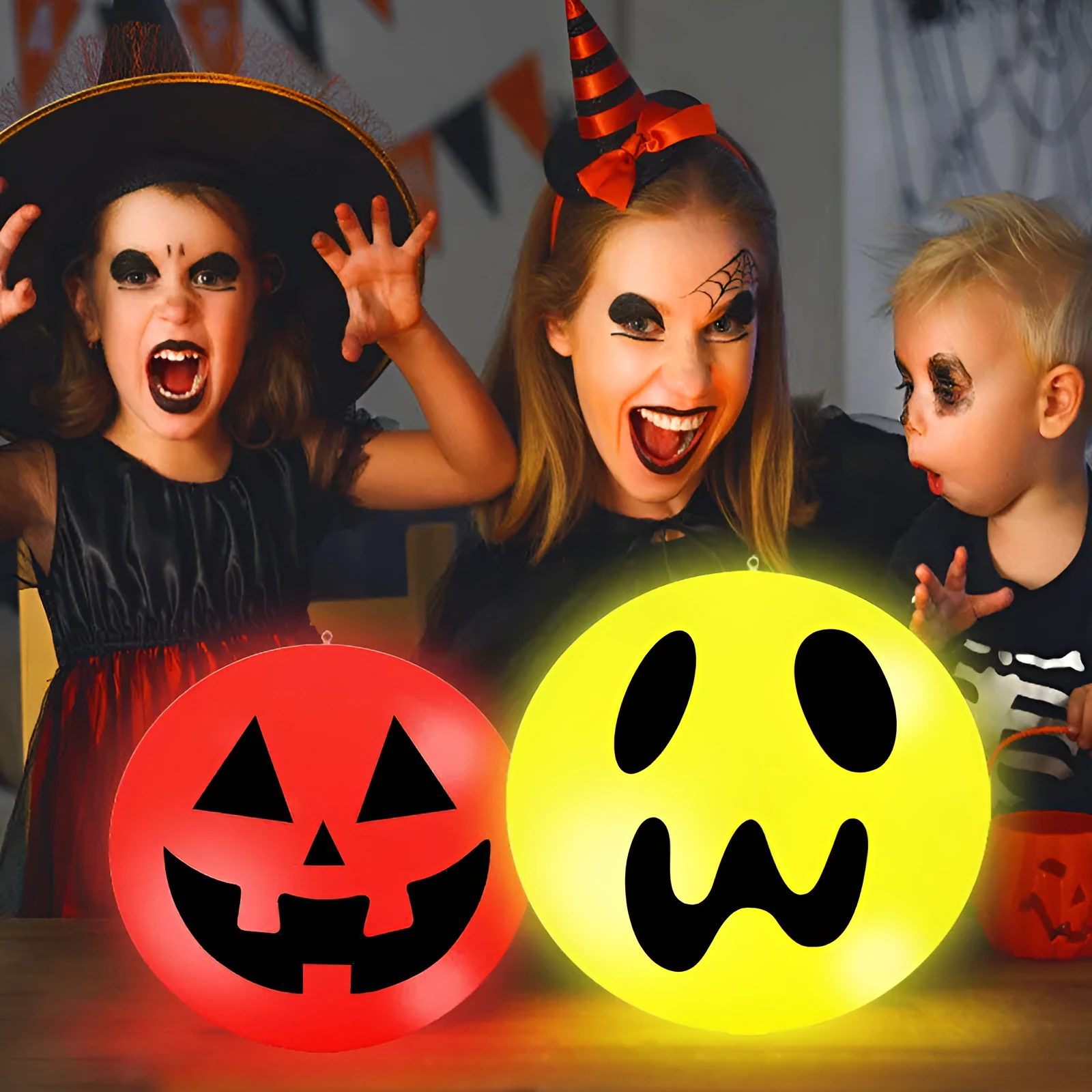 Set of three 34cm LED solar luminous Halloween balls in white, red, and green plastic with remote control