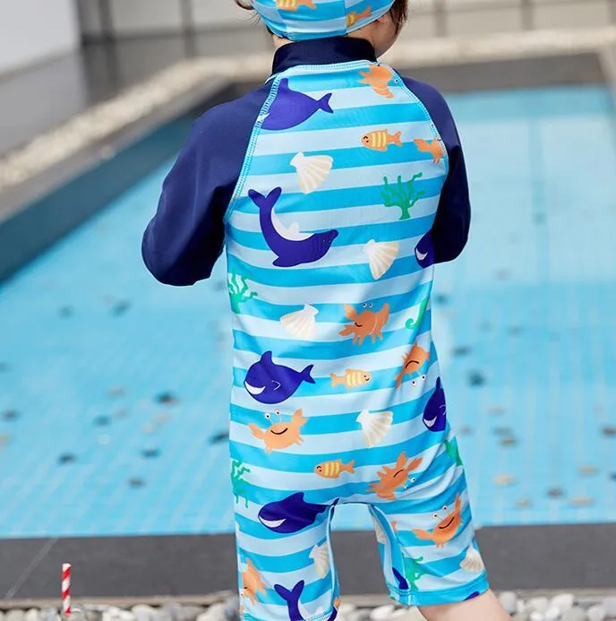 Children's one-piece swimsuit in striped shark pattern, available in sizes 2-10 yards, made from polyester-oxygen blend
